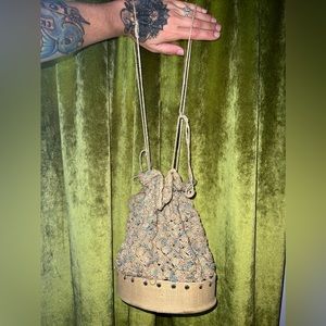 Vintage 1950's Crochet Cord Drawstring Bucket Purse Hard Bottom Shimmery Pastel